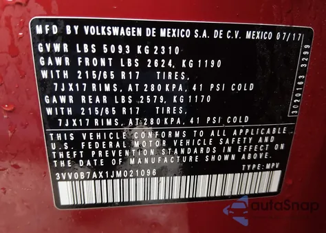 2018 Volkswagen Tiguan 2.0T S из США, поврежденный, VIN 3VV0B7AX1JM021096